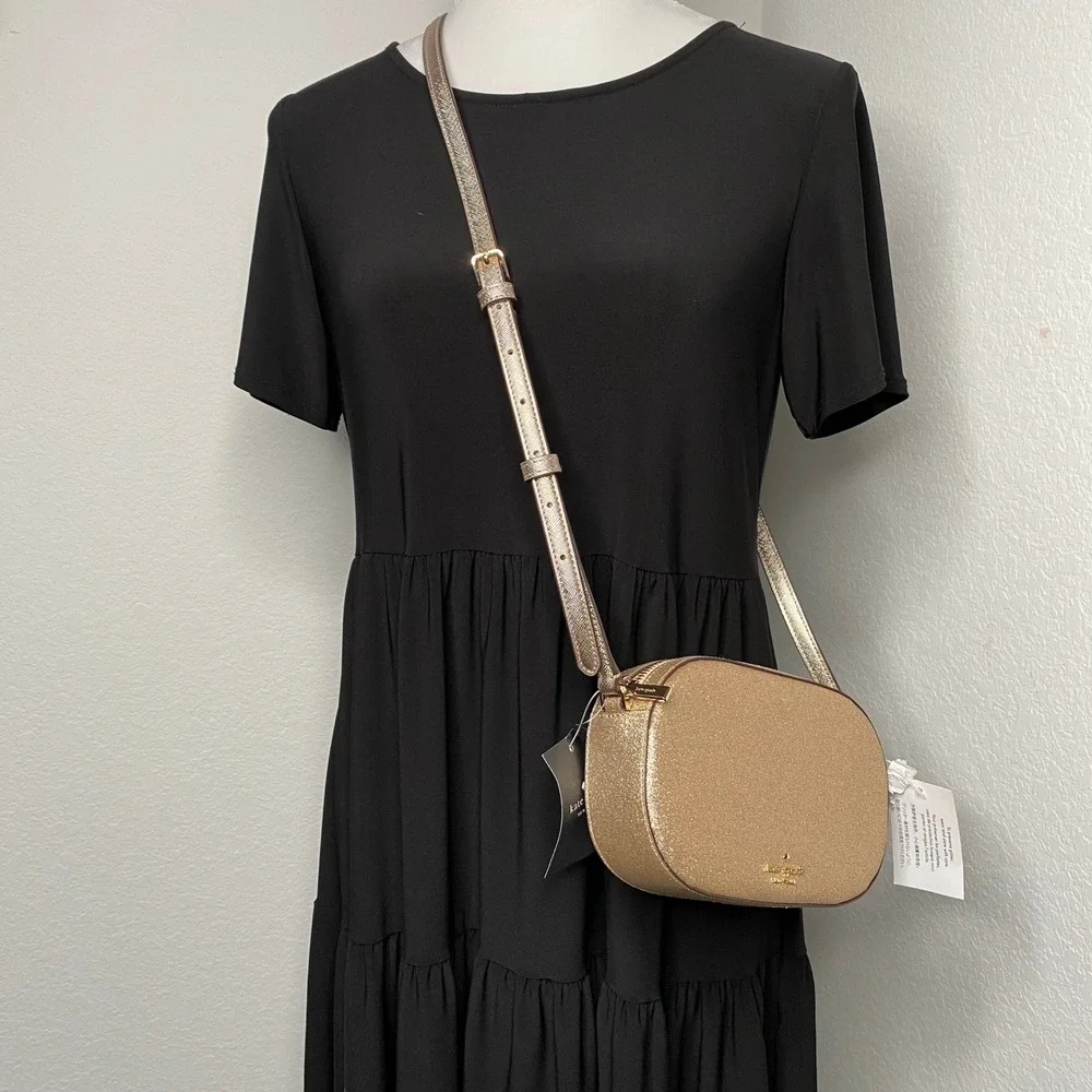Kate Spade Glimmer Glitter Camera‎ Bag Gold Crossbody Glam NEW